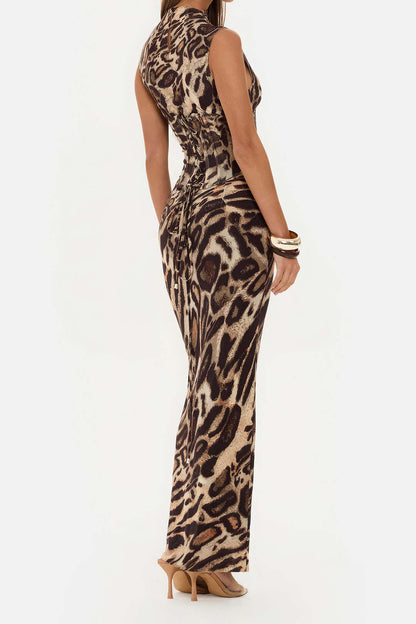 Leopard print sleeveless belted maxi dress with back tie