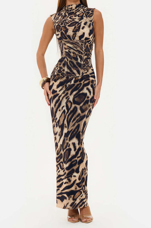 Leopard print sleeveless belted maxi dress with back tie