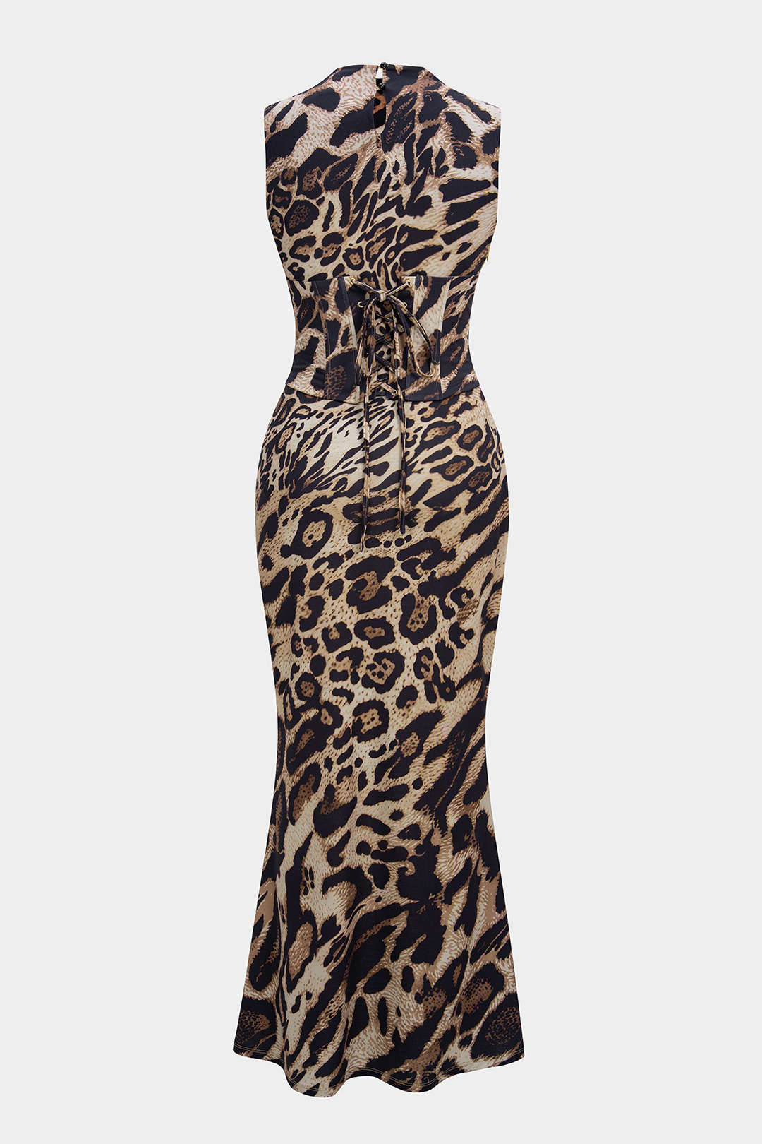 Leopard print sleeveless belted maxi dress with back tie