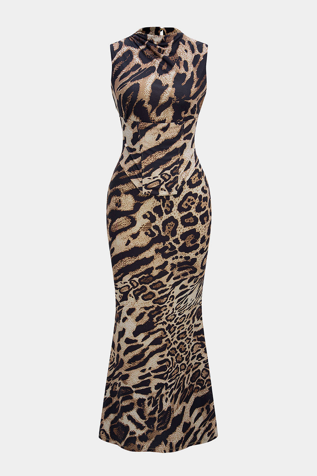 Leopard print sleeveless belted maxi dress with back tie