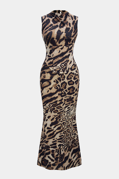 Leopard print sleeveless belted maxi dress with back tie