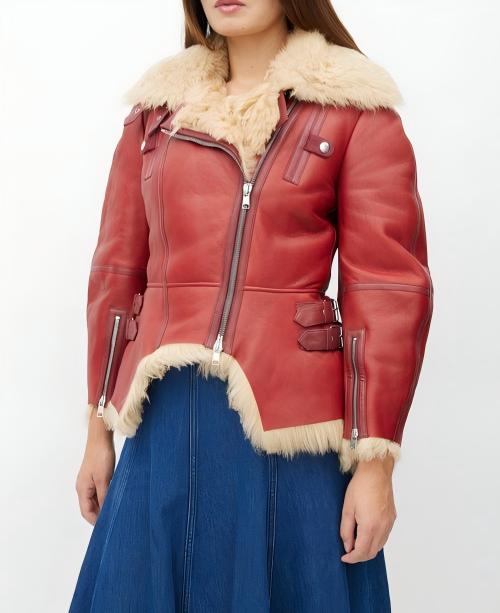 Red Leather & Shearling Biker Jacket