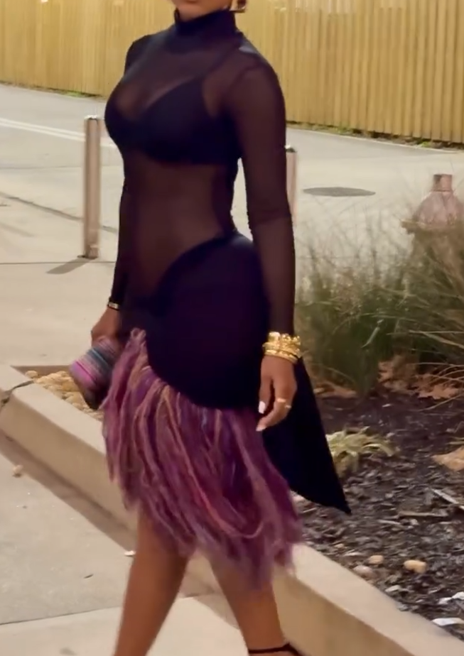 Tassel-decorated sheer fitted dress