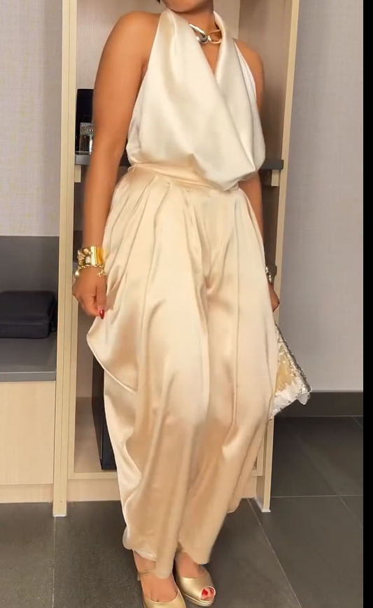 Deep V-neck backless halter-neck pantsuit