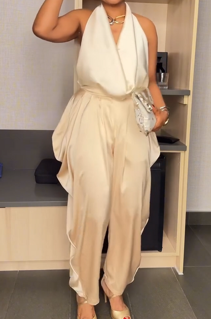 Deep V-neck backless halter-neck pantsuit