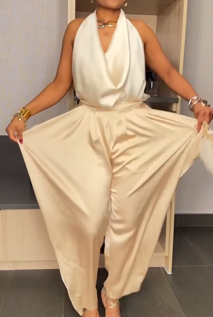 Deep V-neck backless halter-neck pantsuit