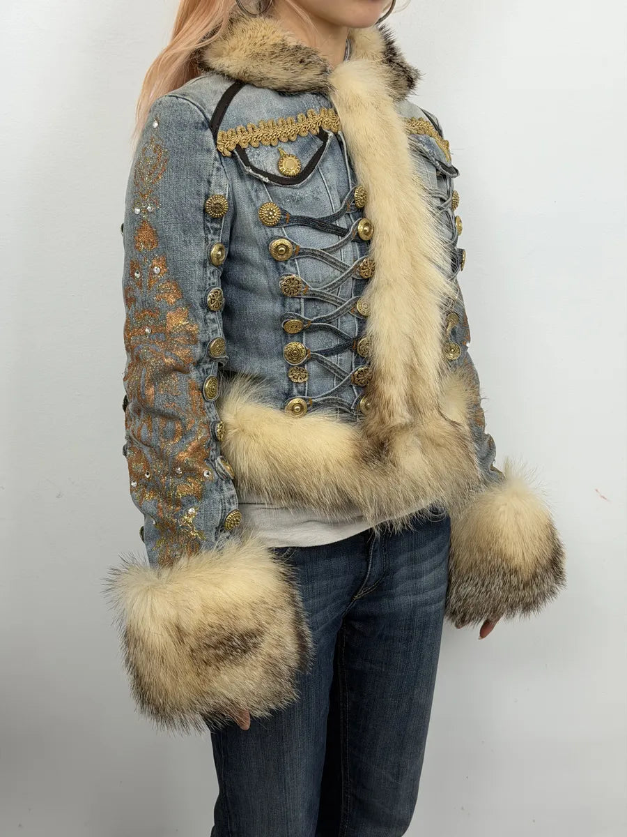 Blue denim Royal Napoleon fur officer jacket