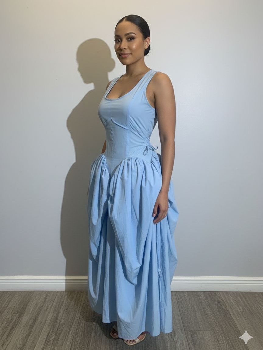U-shaped halter-neck pleated patchwork dress
