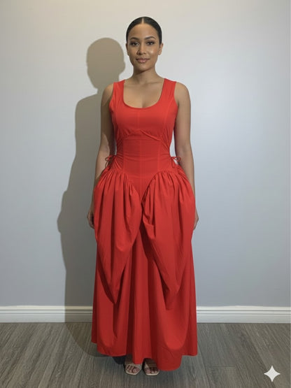 U-shaped halter-neck pleated patchwork dress