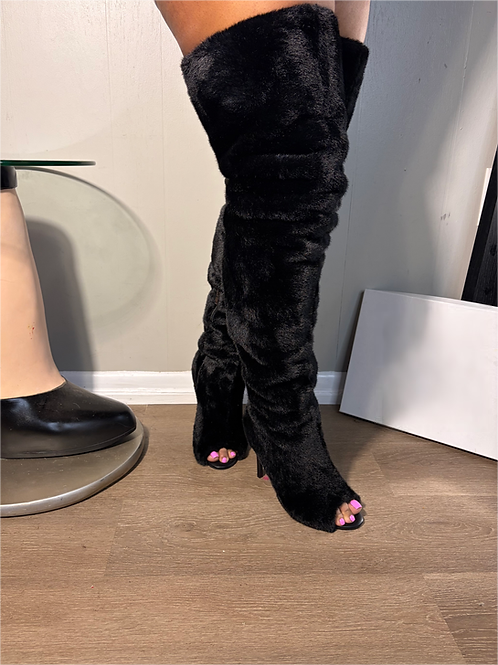 New open-toe over-the-knee plush high-heeled boots