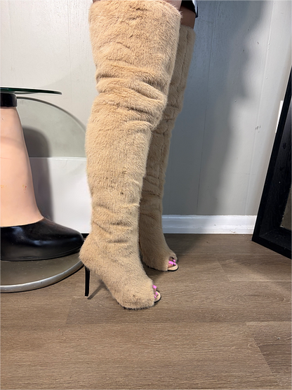New open-toe over-the-knee plush high-heeled boots