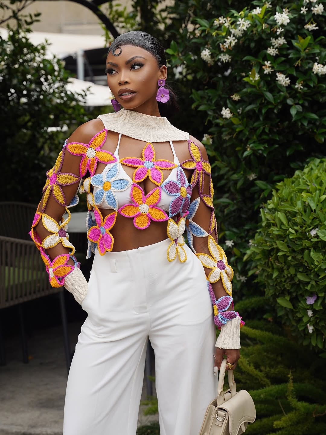 Spring openwork floral turtleneck sweater