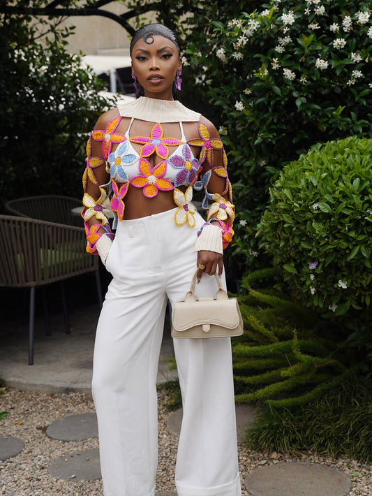 Spring openwork floral turtleneck sweater