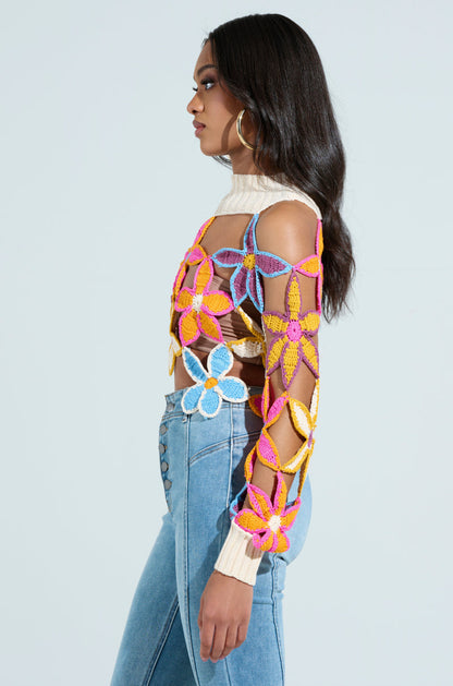Spring openwork floral turtleneck sweater