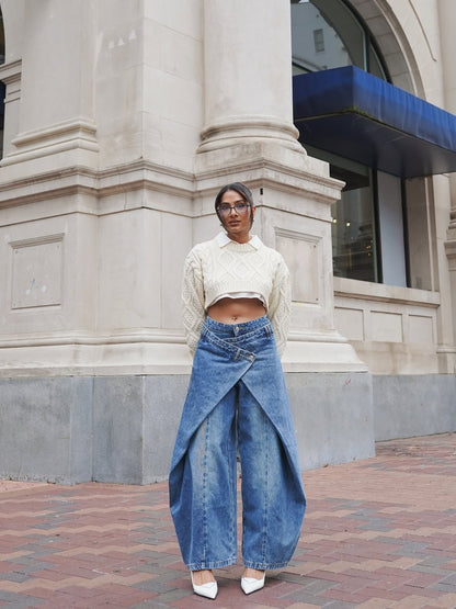 Cross-Front Wide-Leg Jeans