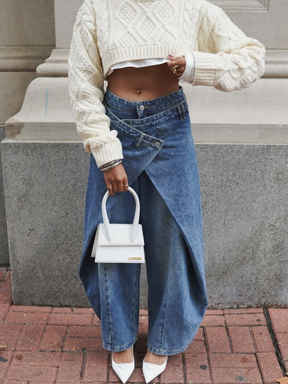 Cross-Front Wide-Leg Jeans
