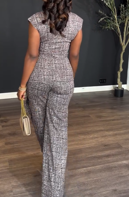 Sleeveless tie-front top and wide-leg pants two-piece set
