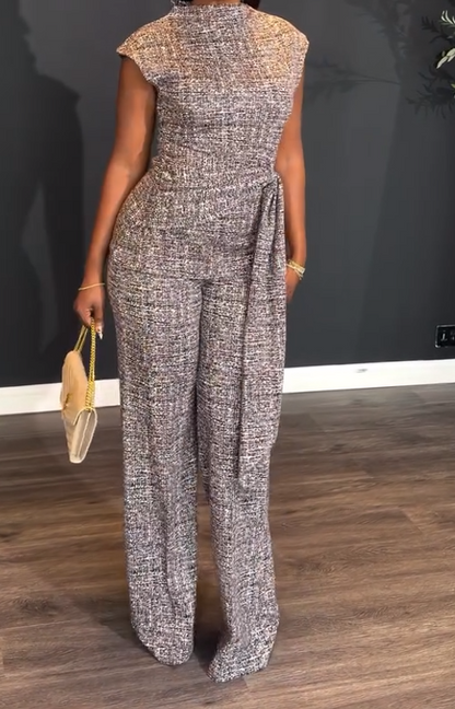 Sleeveless tie-front top and wide-leg pants two-piece set