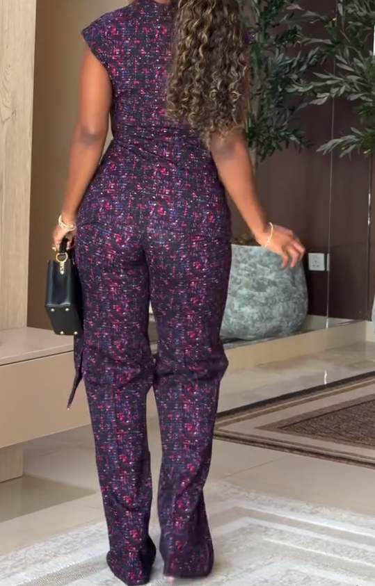 Sleeveless tie-front top and wide-leg pants two-piece set