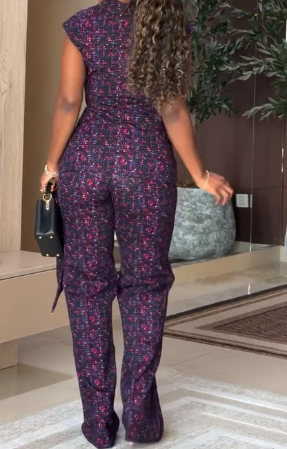 Sleeveless tie-front top and wide-leg pants two-piece set
