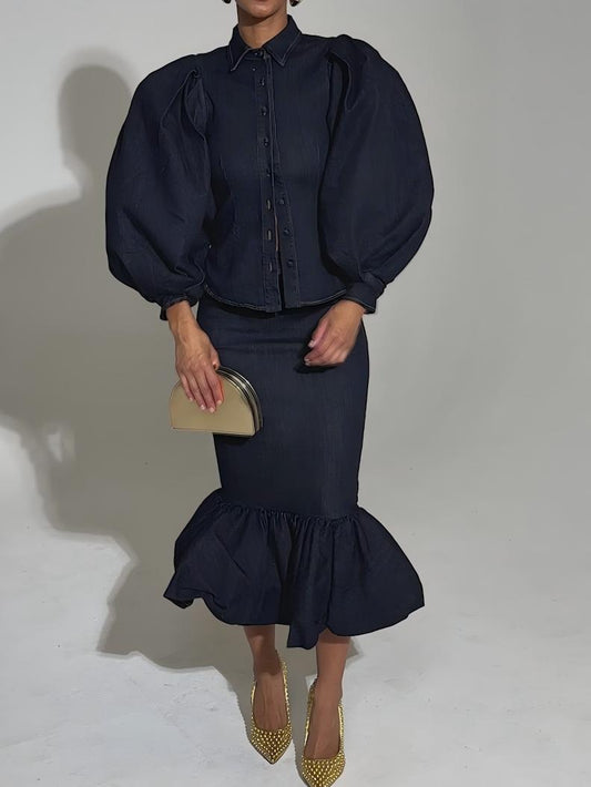 Oversized puff sleeve denim shirt and fishtail skirt set