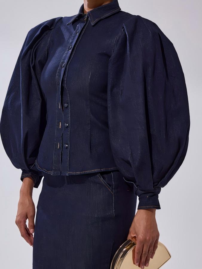 Oversized puff sleeve denim shirt and fishtail skirt set