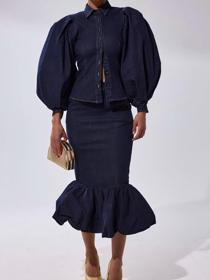 Oversized puff sleeve denim shirt and fishtail skirt set