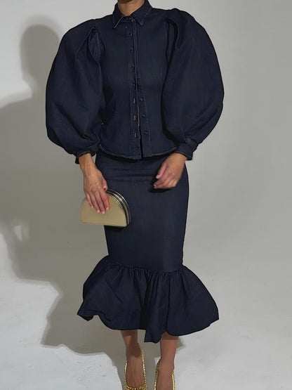 Oversized puff sleeve denim shirt and fishtail skirt set