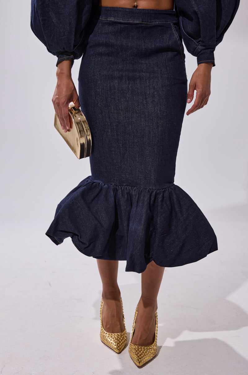 Oversized puff sleeve denim shirt and fishtail skirt set