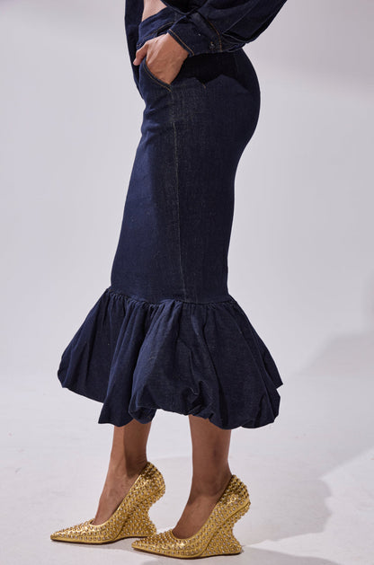 Oversized puff sleeve denim shirt and fishtail skirt set