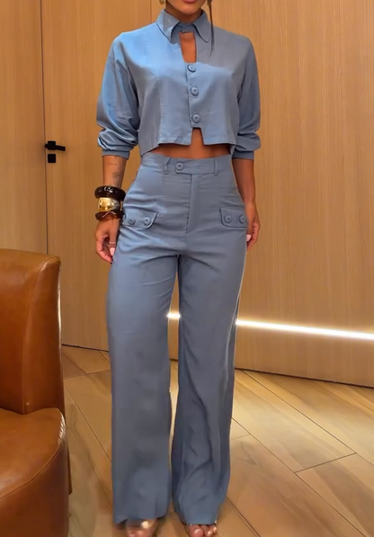 Short-sleeved long-sleeved shirt and high-waisted straight-leg pants two-piece set