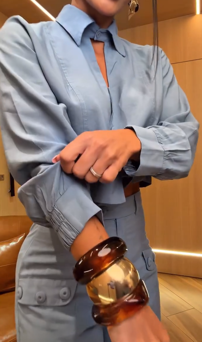 Short-sleeved long-sleeved shirt and high-waisted straight-leg pants two-piece set