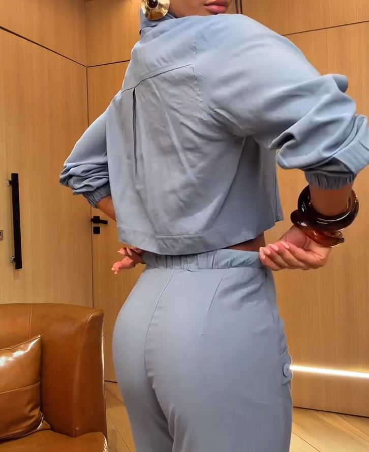 Short-sleeved long-sleeved shirt and high-waisted straight-leg pants two-piece set