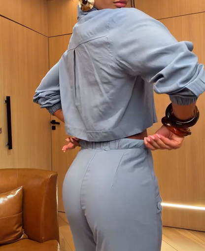 Short-sleeved long-sleeved shirt and high-waisted straight-leg pants two-piece set