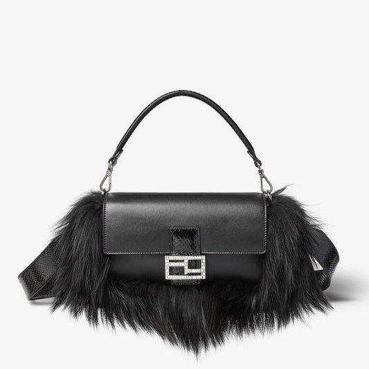 Black leather and fur underarm bag