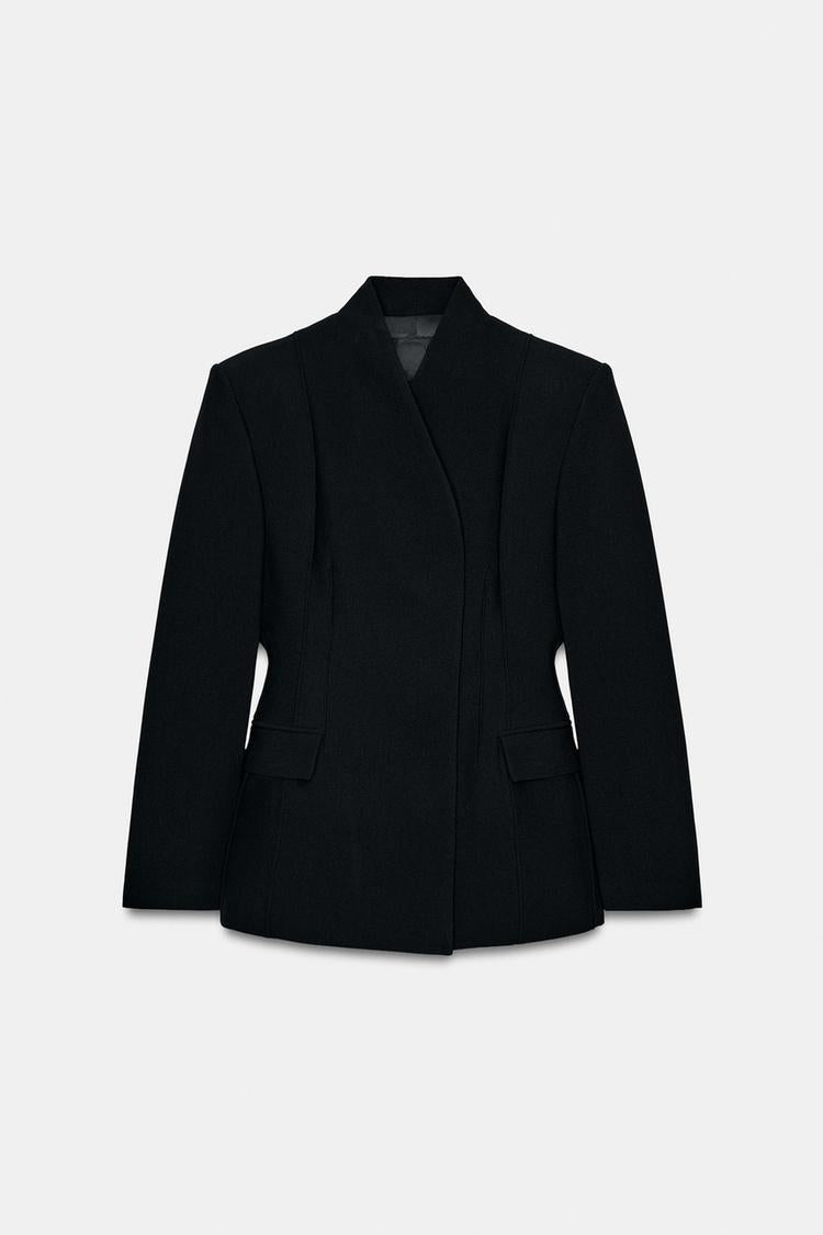 Padded shoulder slim fit suit jacket