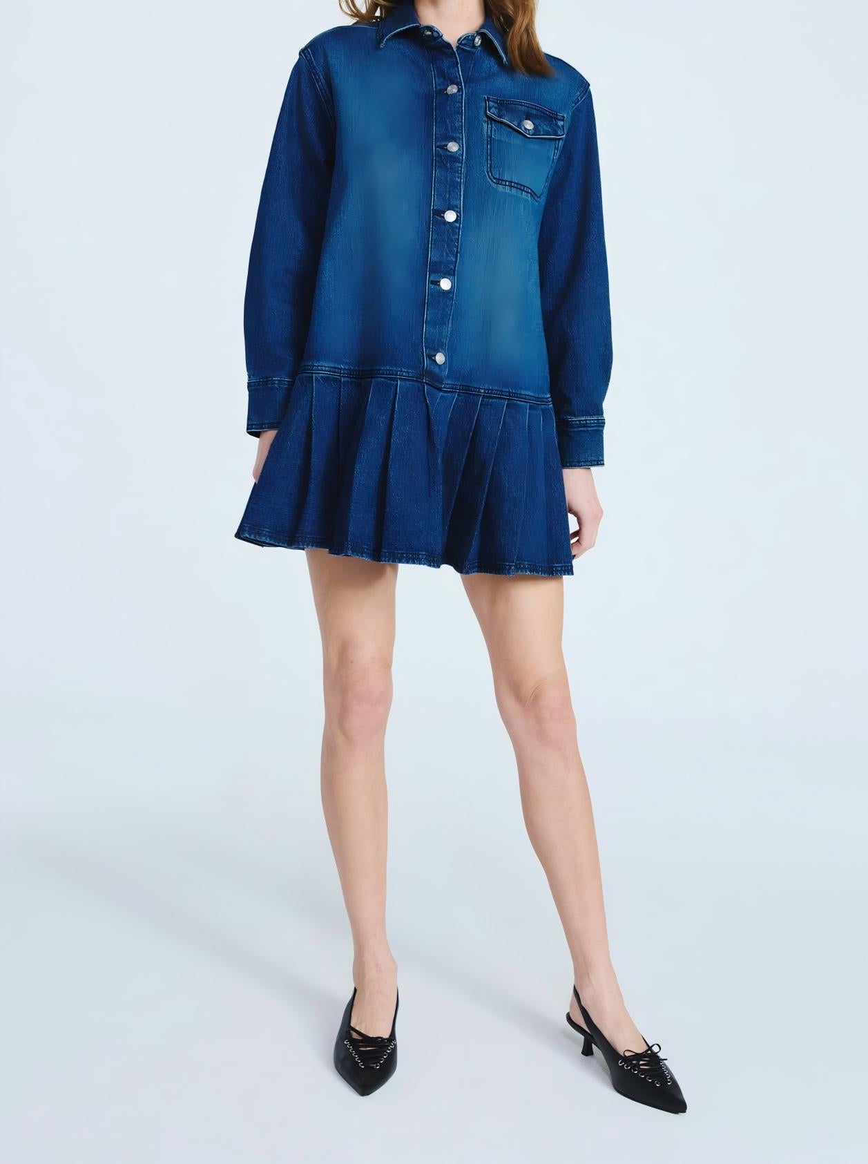 Denim pleated mini shirt dress
