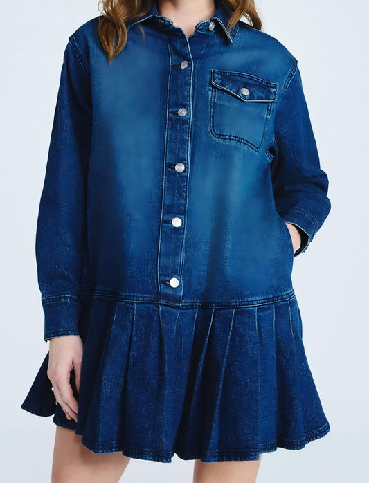 Denim pleated mini shirt dress