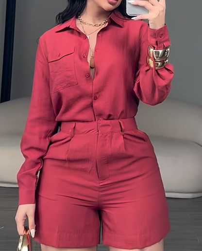 Linen long-sleeved shorts set
