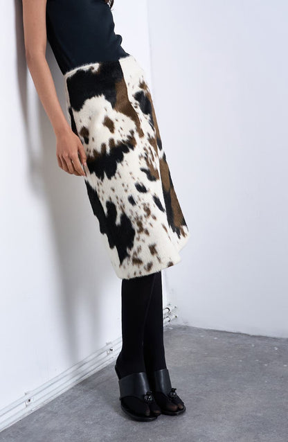 Faux fur pony skin A-line midi skirt