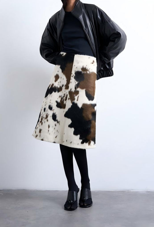 Faux fur pony skin A-line midi skirt