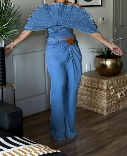 Denim overalls off-shoulder top