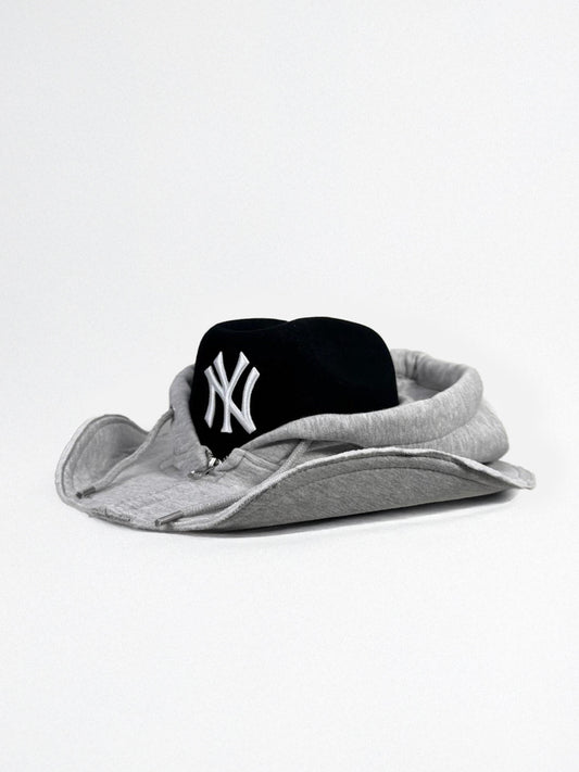 Grey hoodie and denim hat