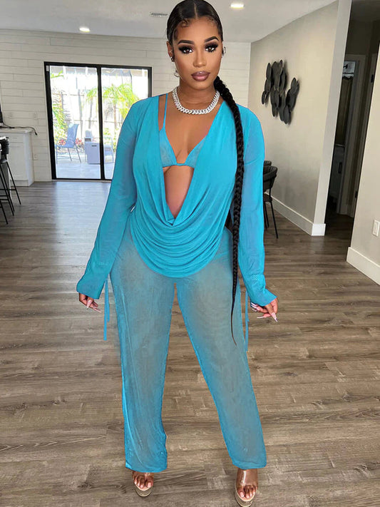 Three Piece Long Sleeve Mesh Cover Up Pants Suit