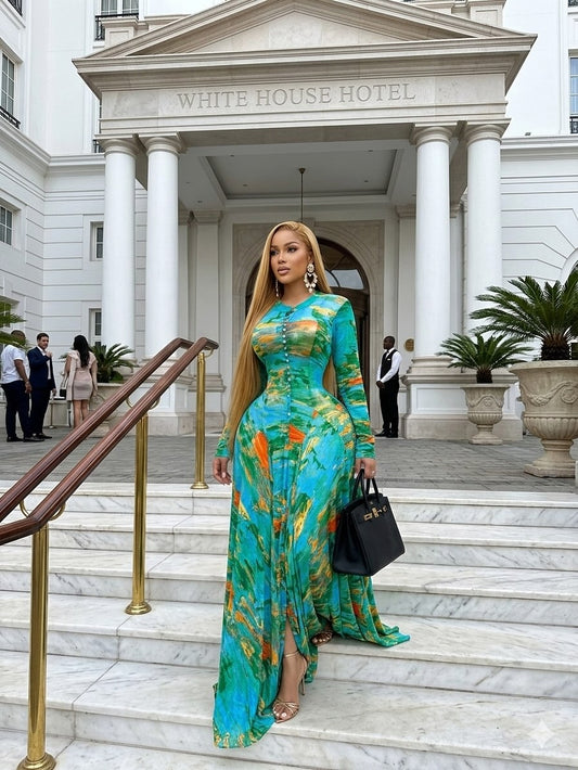 Floral print maxi dress, round neck, long sleeves, fitted waist