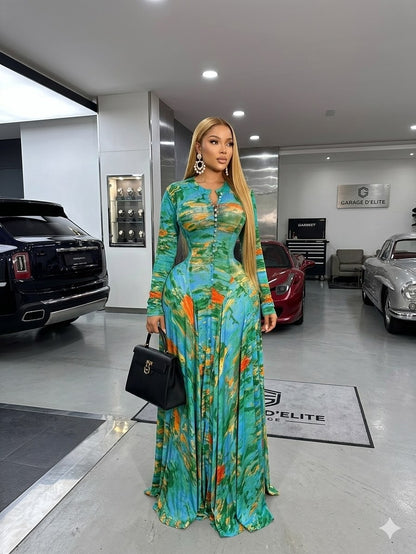 Floral print maxi dress, round neck, long sleeves, fitted waist