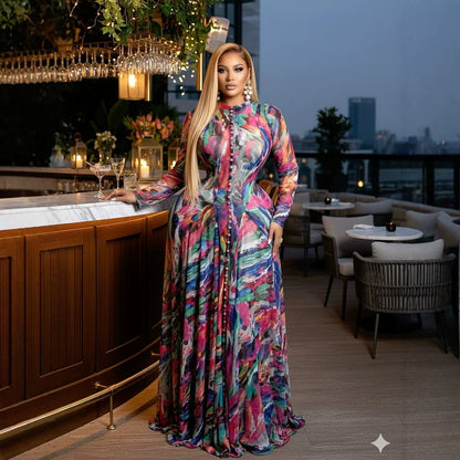 Floral print maxi dress, round neck, long sleeves, fitted waist