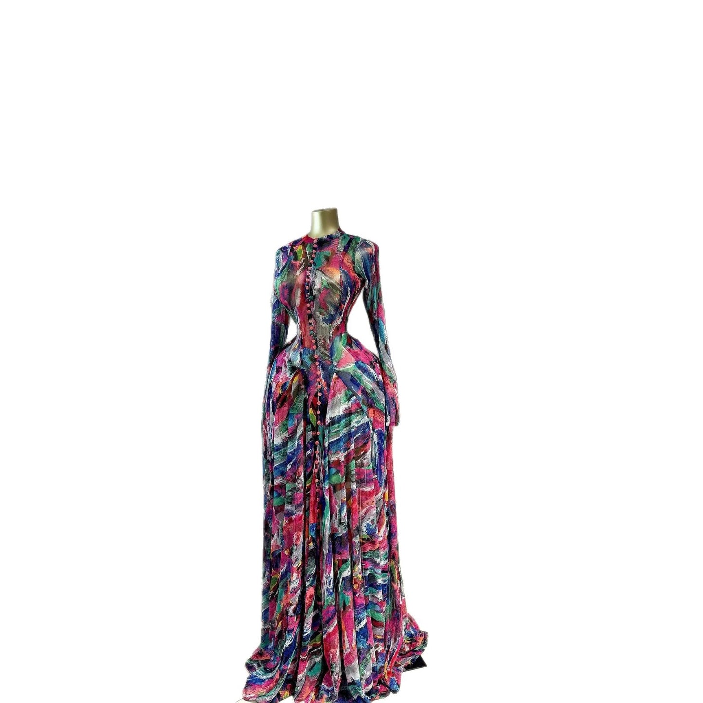 Floral print maxi dress, round neck, long sleeves, fitted waist