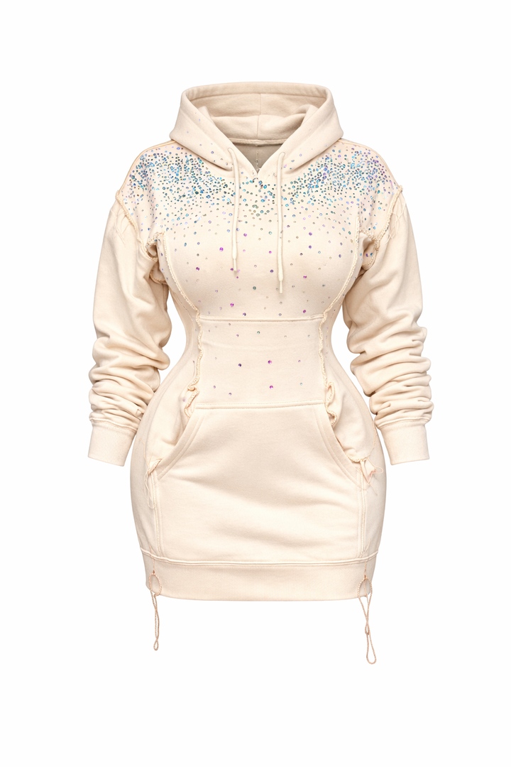 Rainbow-colored fitted hooded dress