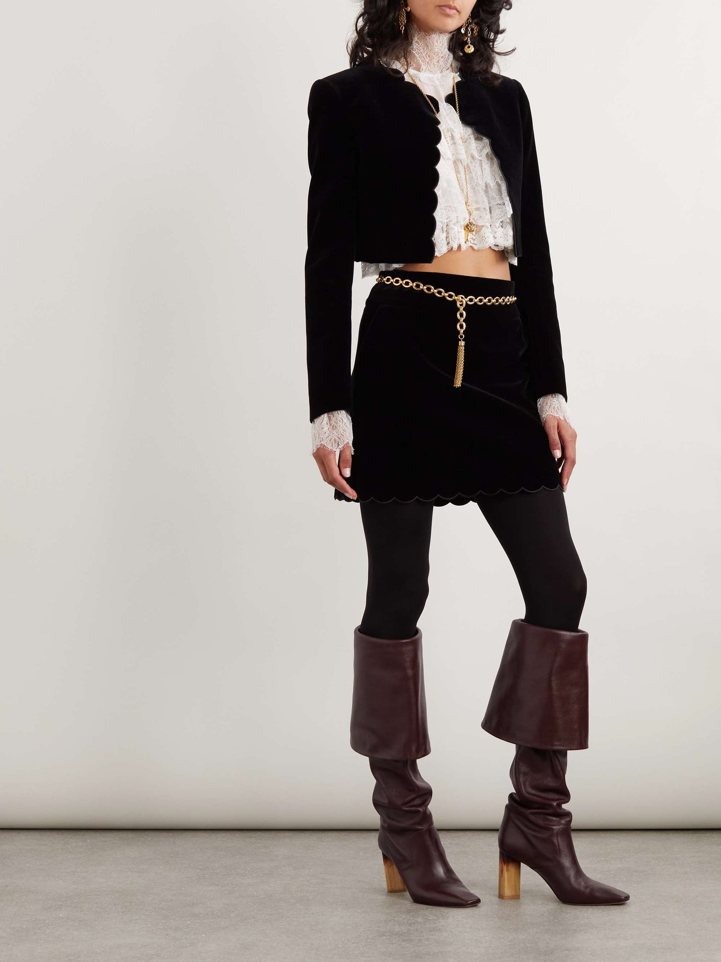 Tiered lace-trimmed silk-chiffon blouse